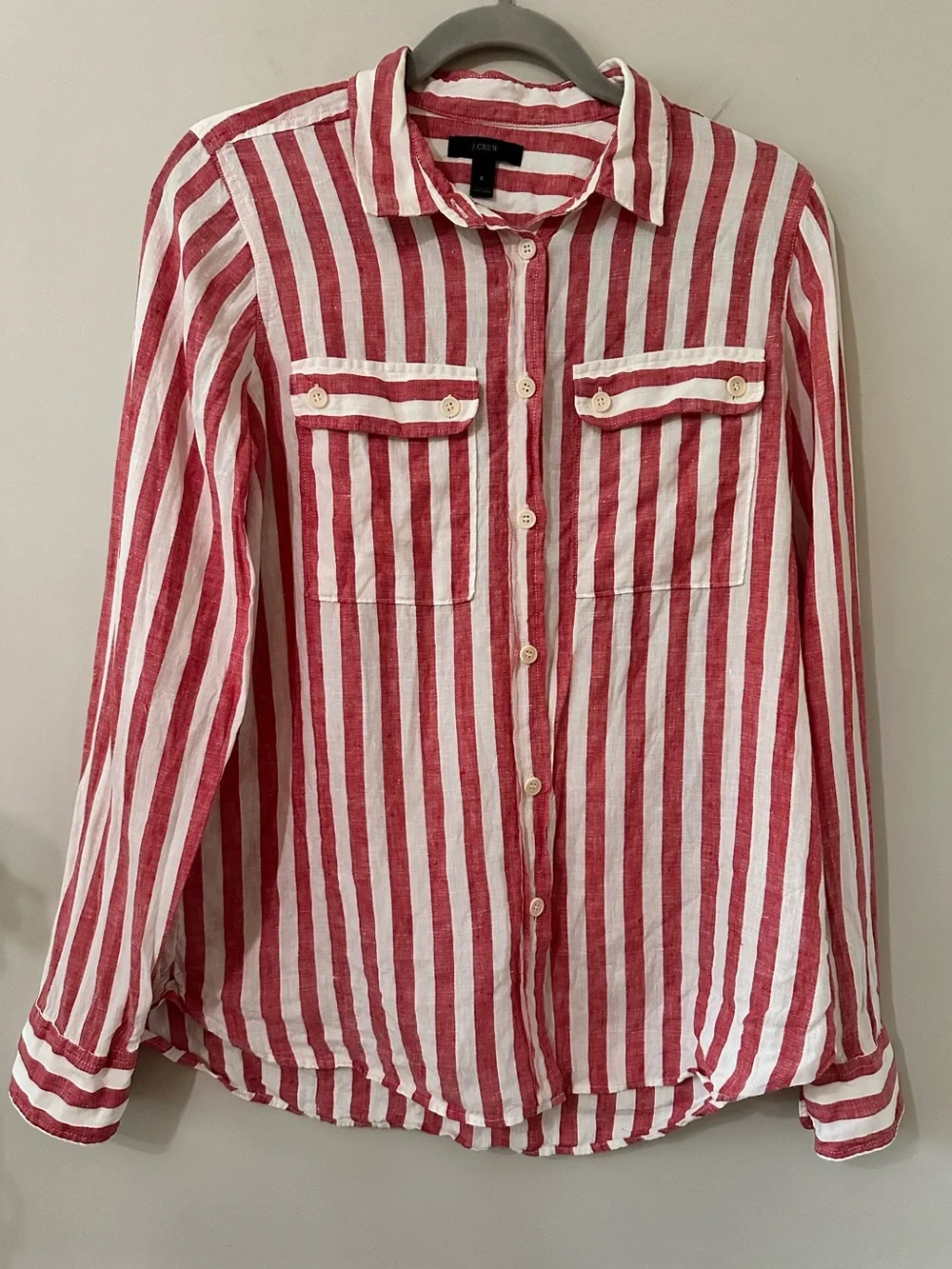 J. Crew Linen Red White Striped Button Down Shirt